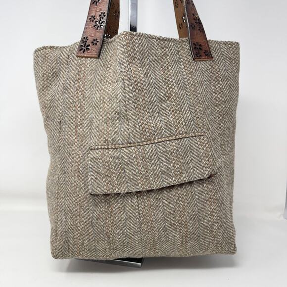 Y2K Handmade Reversible Tote Bag Brown Tweed Blue Flowers Buttons Leather Belt - Picture 8 of 14